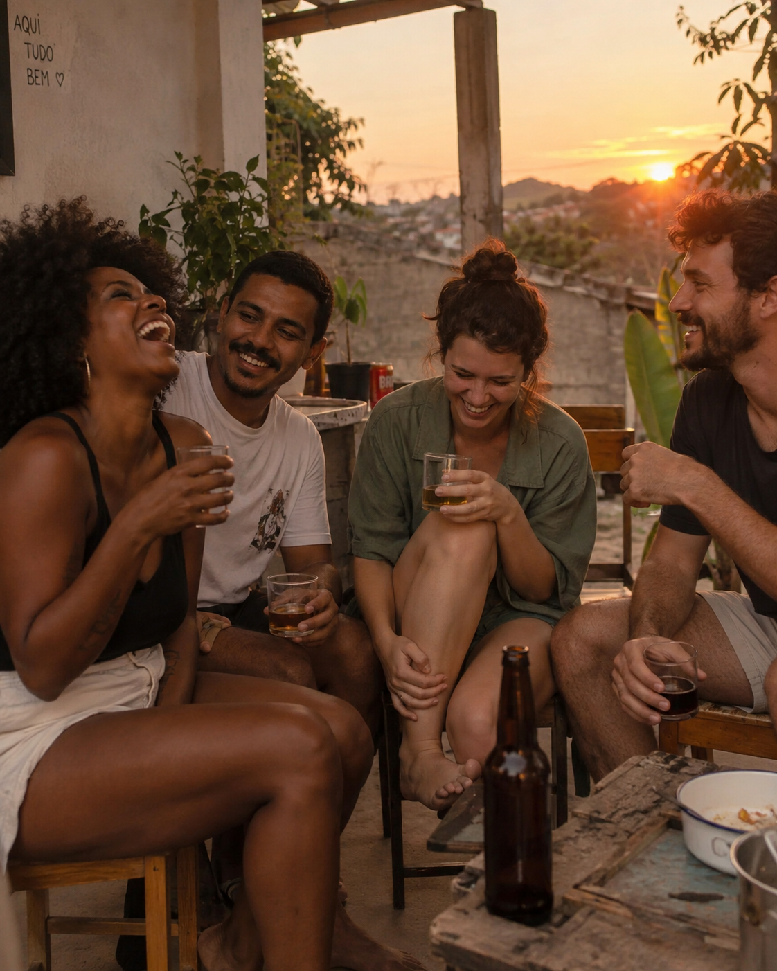 Grupo de amigos rindo juntos ao entardecer