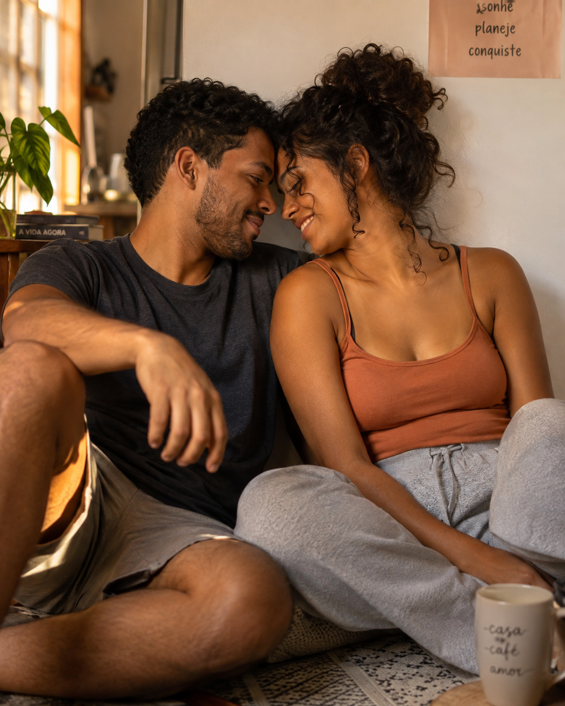 Casal jovem sentado conversando em casa