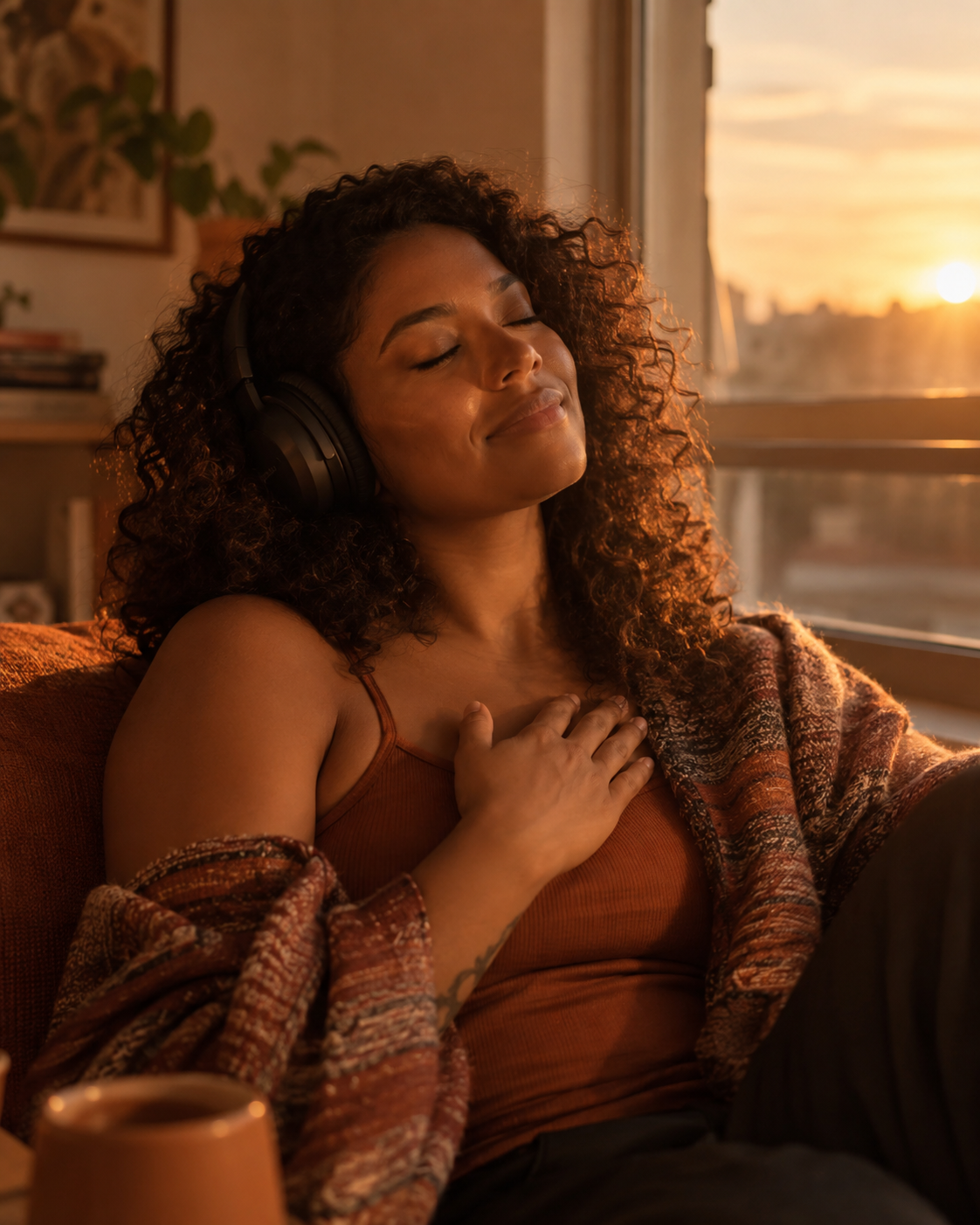 Mulher ouvindo música com fones de ouvido