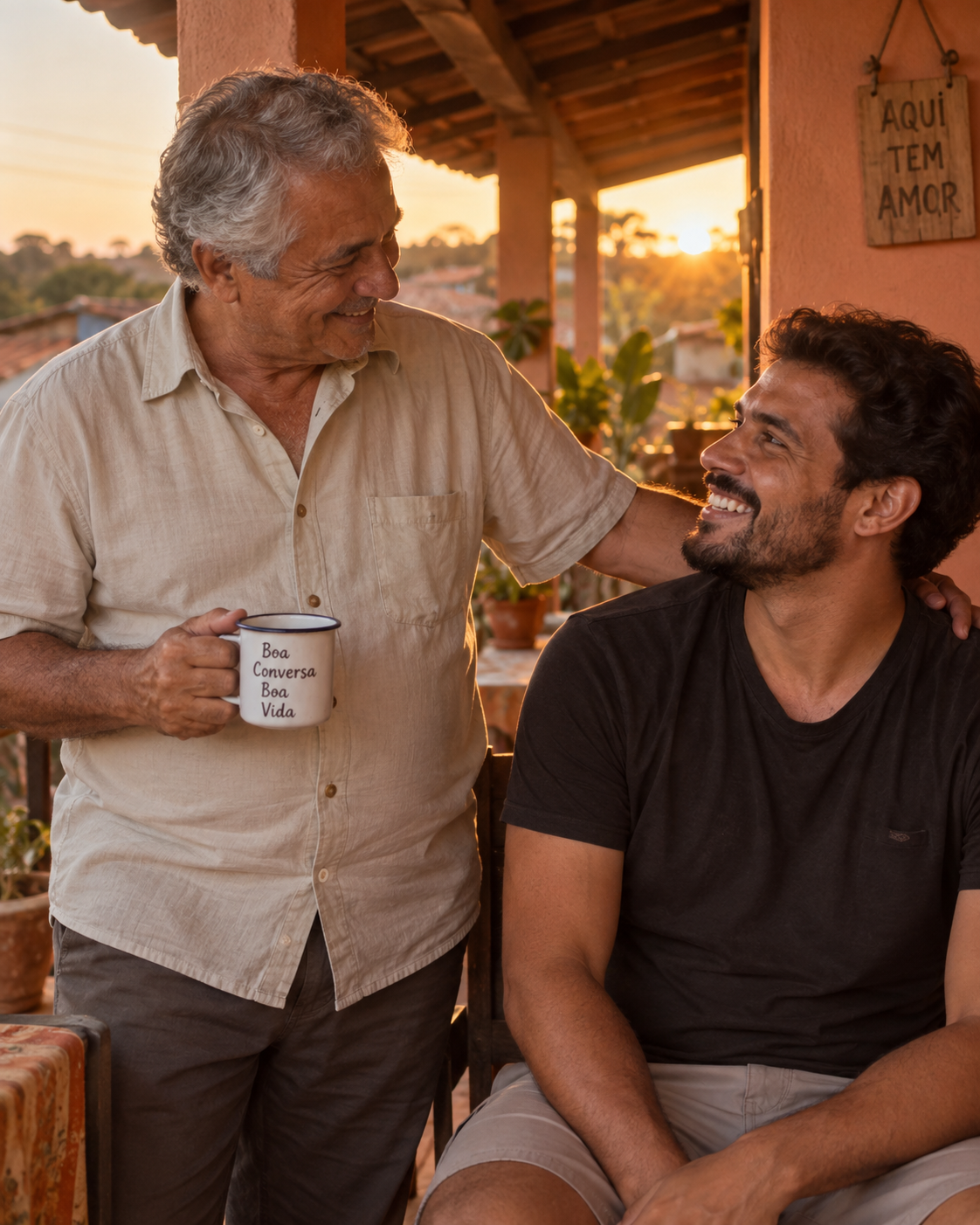 Pai e filho conversando na varanda